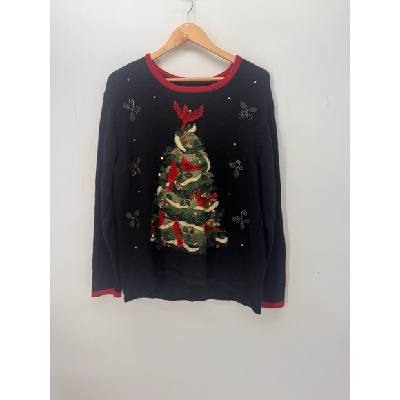 White Stag Sweaters - Vintage Christmas Sweater Women L Cardinal Tree Embroidered Beaded Ugly Xmas